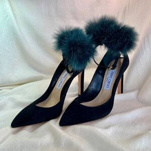 Jimmy Choo Black Suede Heels with Fox Fur PomPoms, Sz. 37/US7